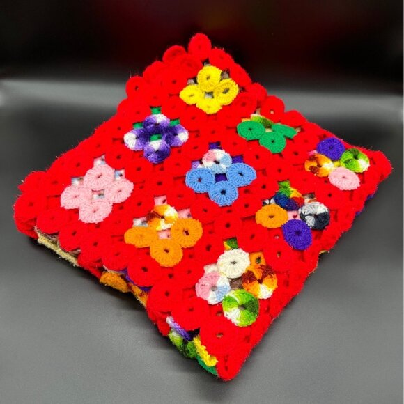 Handmade Other - Vintage Afghan Crocheted Blanket Throw Red Rainbow Rings Handmade Retro Granny